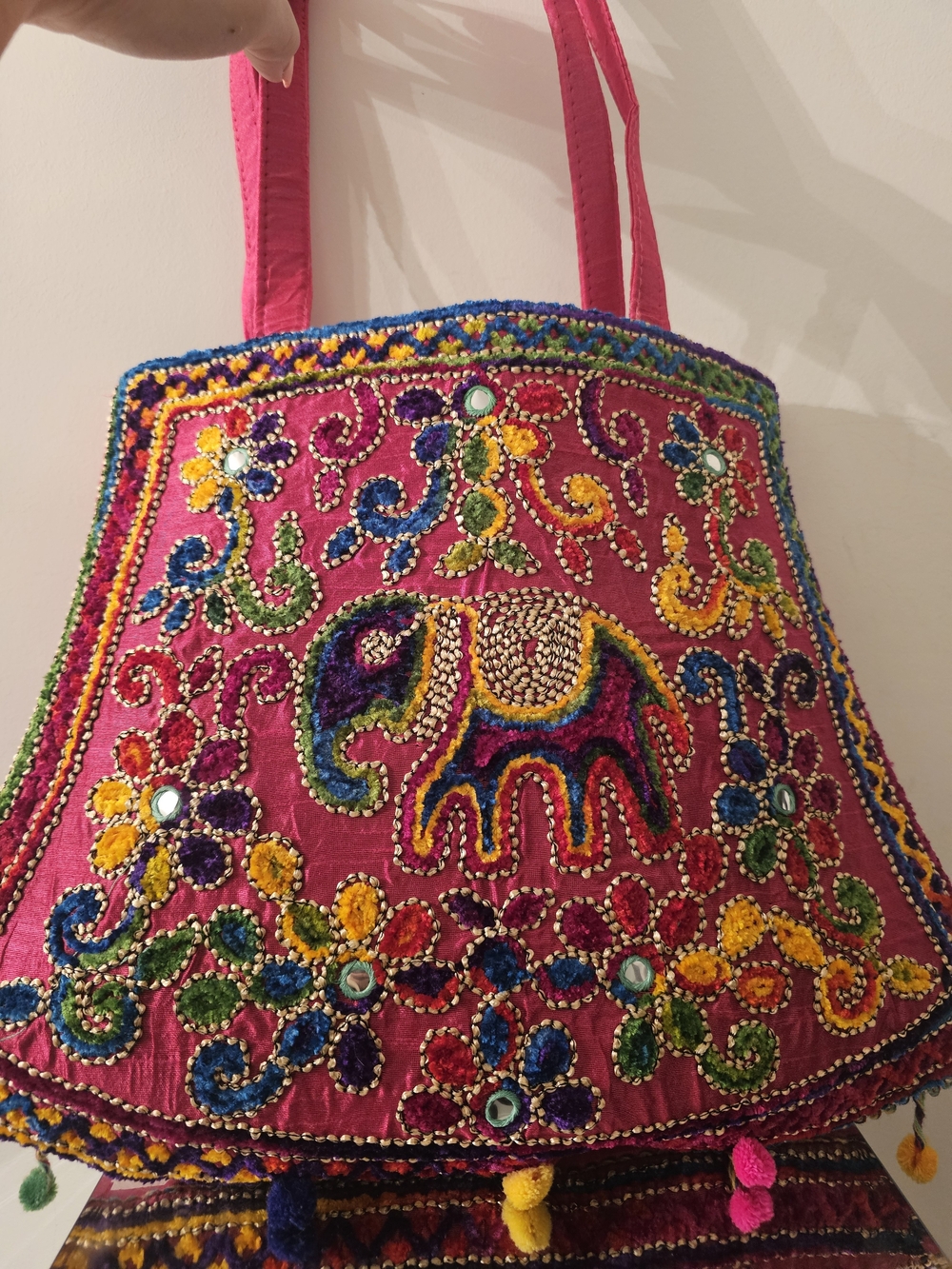 Embroidered Pink Elephant Tote Bag - Vibrant Beaded Detail